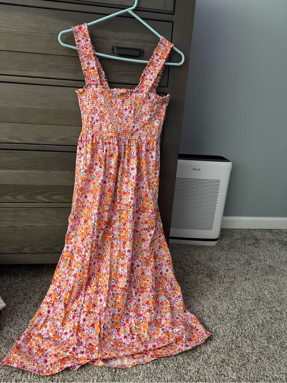 Old Navy Orange and Pink Floral Smocked Midi Dress